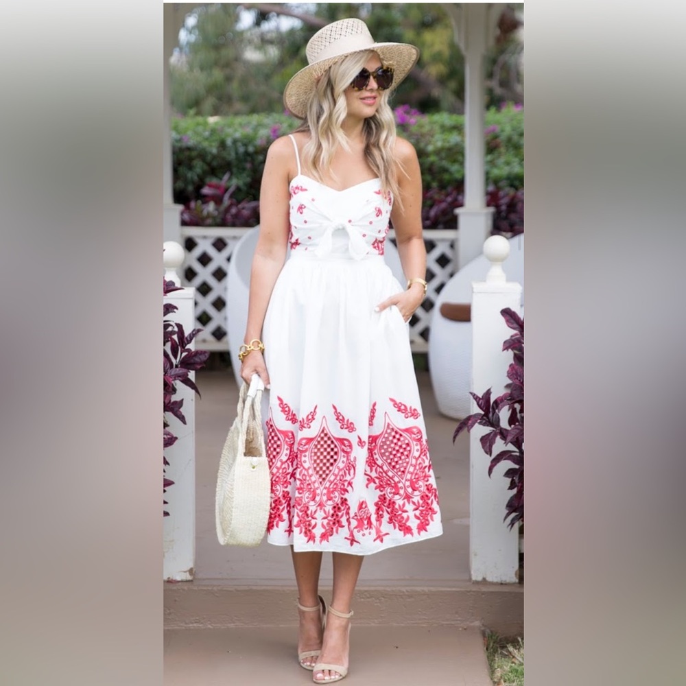 Red Carter White Dress with Red Embroidery